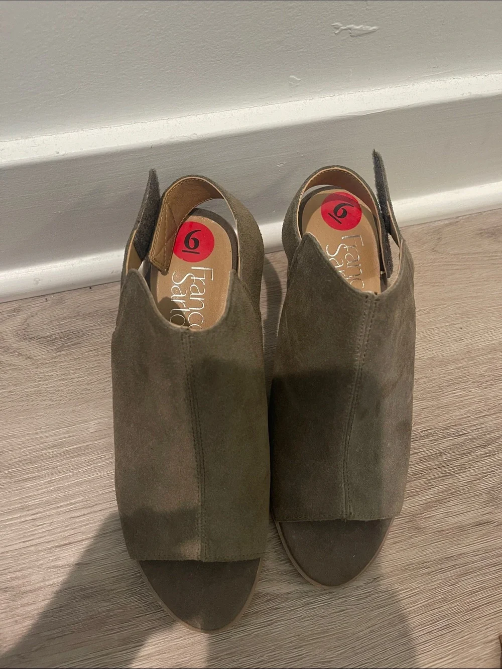 Franco Sarto Taupe Suede Open-Toe Slingback Block Heel